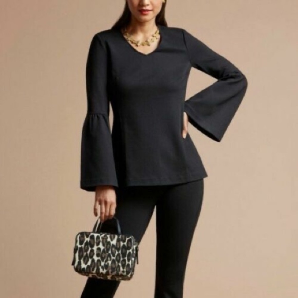 Women's CAbi #3500 It's A Party Top Black Bell Sleeve V-Neck Blouse